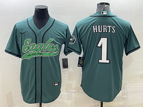 Men's Philadelphia Eagles #1 Jalen Hurts Green With Patch Cool Base Stitched Baseball Jersey